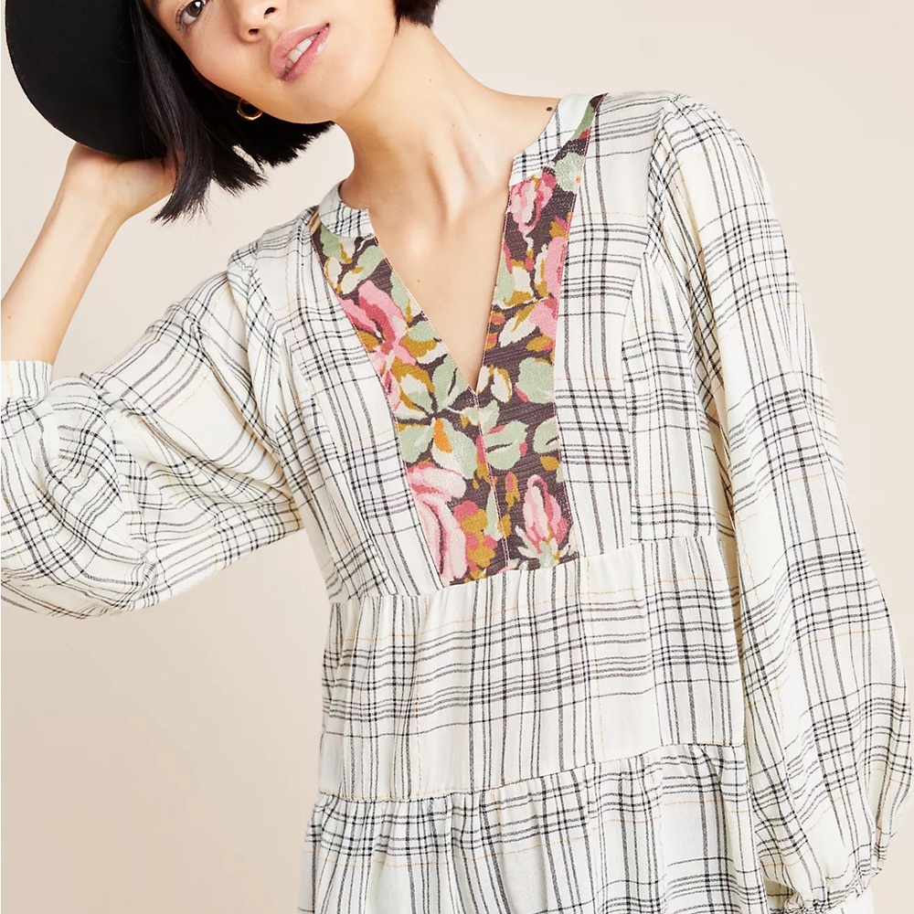 By Anthropologie Darlene Plaid Peasant Blouse Boho High Low Top Size S